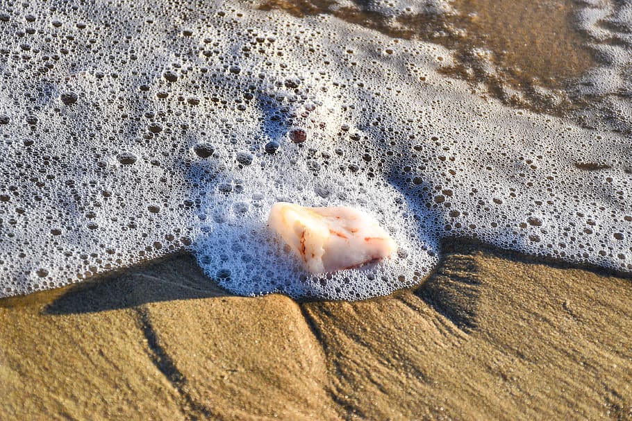beach, sea foam, surf, receding water, sand, rock, stone, quartz, bubbles, coast