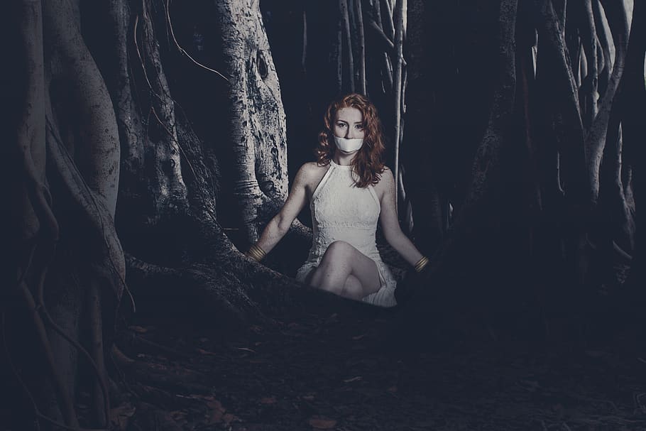woman, forest, abducted, connected, darkness, mouth guard, fear, composing, image editing, one person