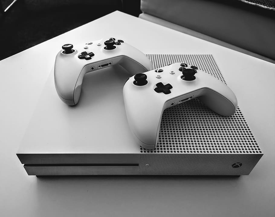 xbox, games, game console, console, table, indoors, still life, high angle view, close-up, arts culture and entertainment