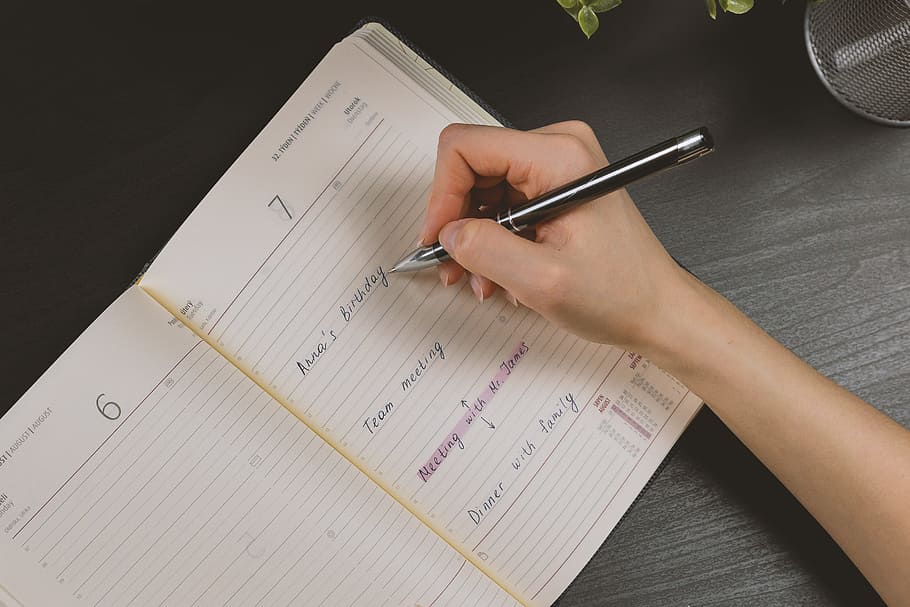 женская, женская рука, держит, карандаш, пишет, план, дневник, офис, рука, человеческая рука