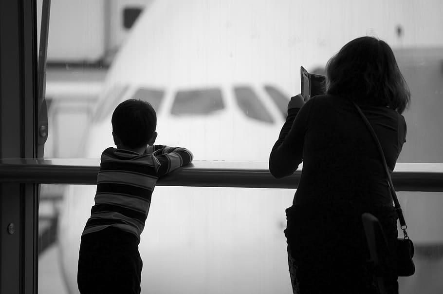 airport, airplane, travel, silhouette, airline, aircraft, young, terminal, trip, journey