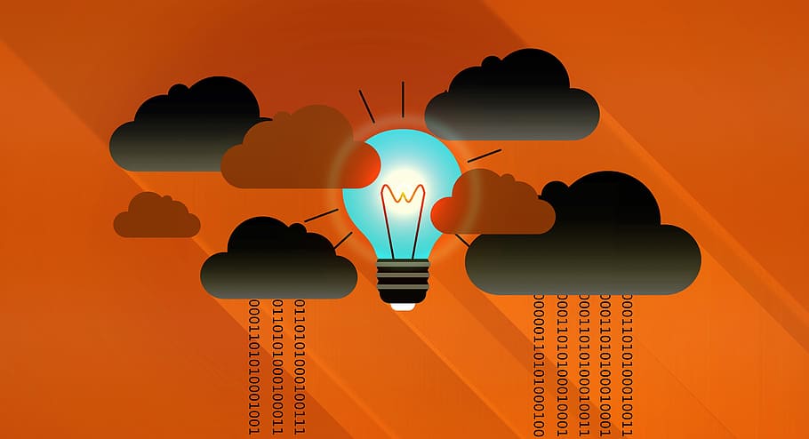 dark, clouds, -, virtual, bright, light bulb, cloud, computing, concept, illustration