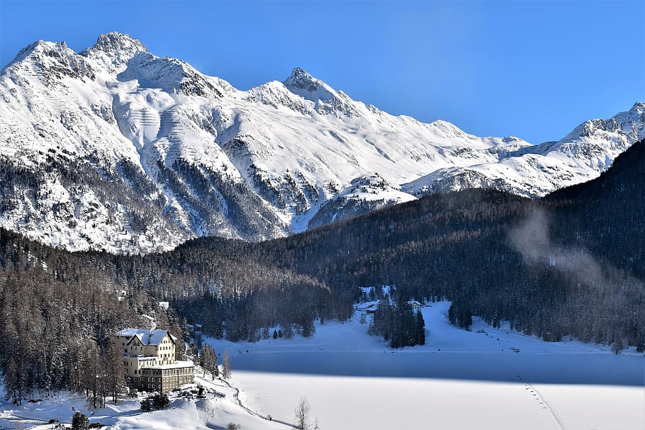 invierno, montañas, área de esquí, laderas, invernal, st, moritz, suiza, esquí, nieve