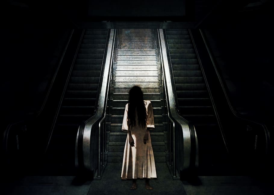 ghost, escalator, human, girl, horror, halloween, one person, real people, staircase, architecture