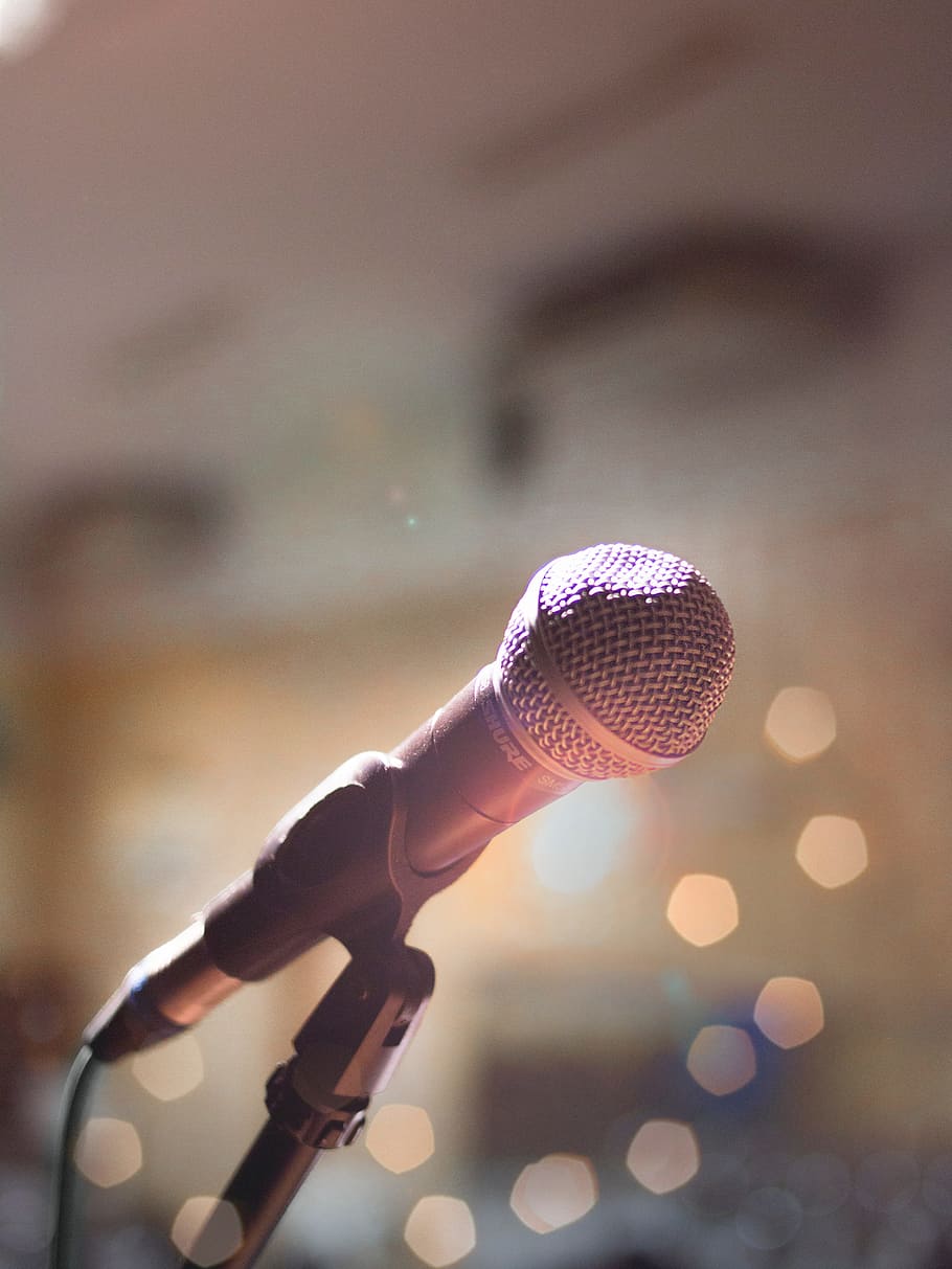 microphone, music, bokeh, lights, sounds, sing, song, abstract, background, input device