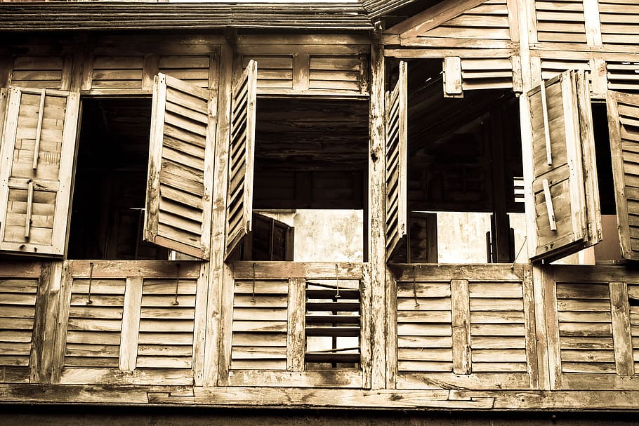 janelas, persianas, arquitetura, quebrado, madeira, velho, estrutura construída, exterior do edifício, ninguém, construção