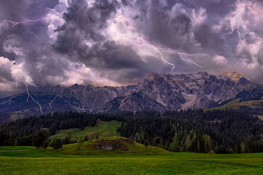 thunderstorm, flash, clouds, sky, threatening, mountains, alpine, landscape, nature, panorama