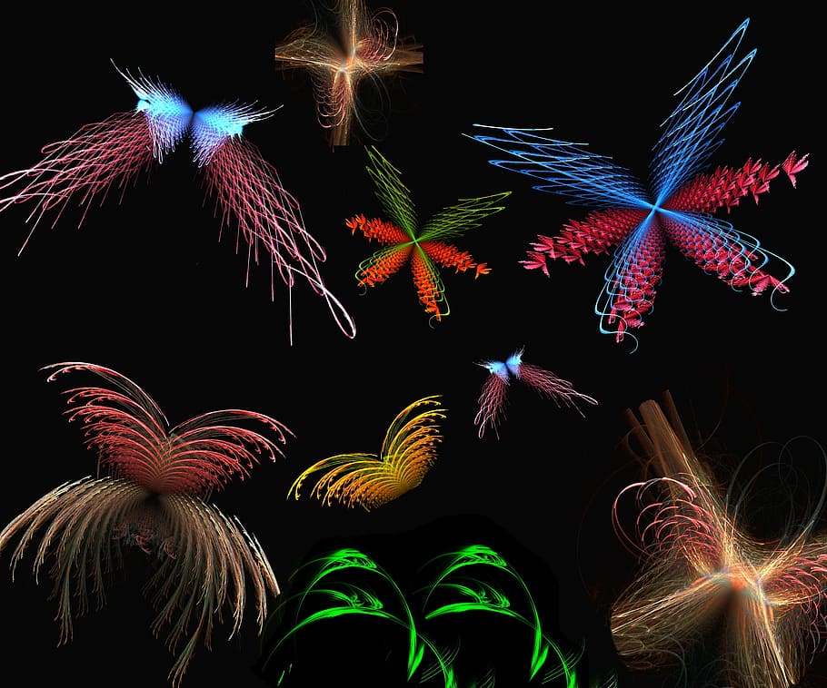 --, digital, render, butterflies, blades, grass, abstract, aliens, art, background