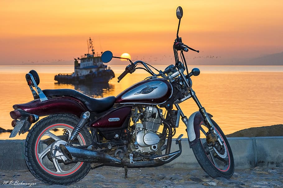 motorbike, sunset, view, sea, water, ocean, vintage, bike, transport, fishing boat