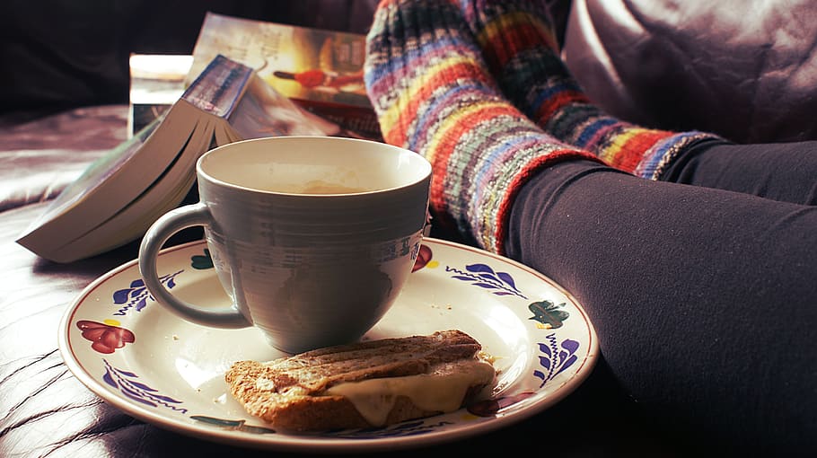 coffee, sandwich, breakfast, cosy, mug, pottery, have breakfast, morning, holiday, food