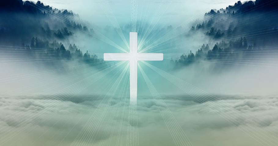 faith, love hope, fog, forest, clouds, cross, close, rays, warmth, trust