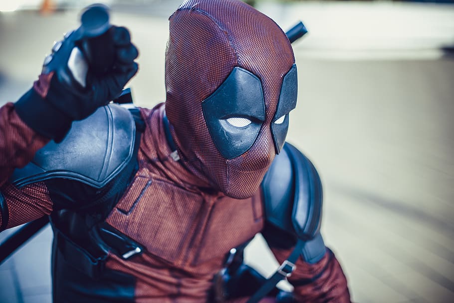 deadpool, cosplay, hero, marvel, costume, character, masked, fun, red, hollywood