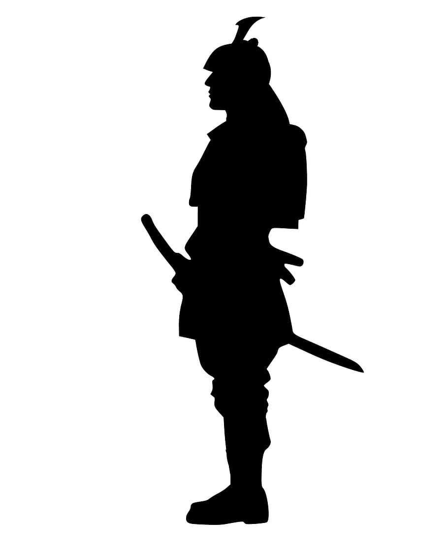 ilustração, Samurai, guerreiro, silhueta., espada, silhueta, em pé, Japão, japonês, soldado