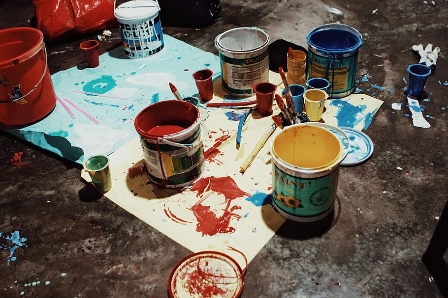 paint, art, tubs, yellow, red, blue, white, floor, spill, drip