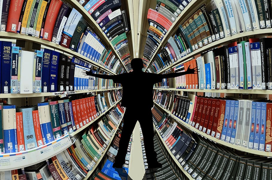 biblioteca, libros, conocimiento, información, estanterías, hombre, silueta, brazos extendidos, estantería, datos