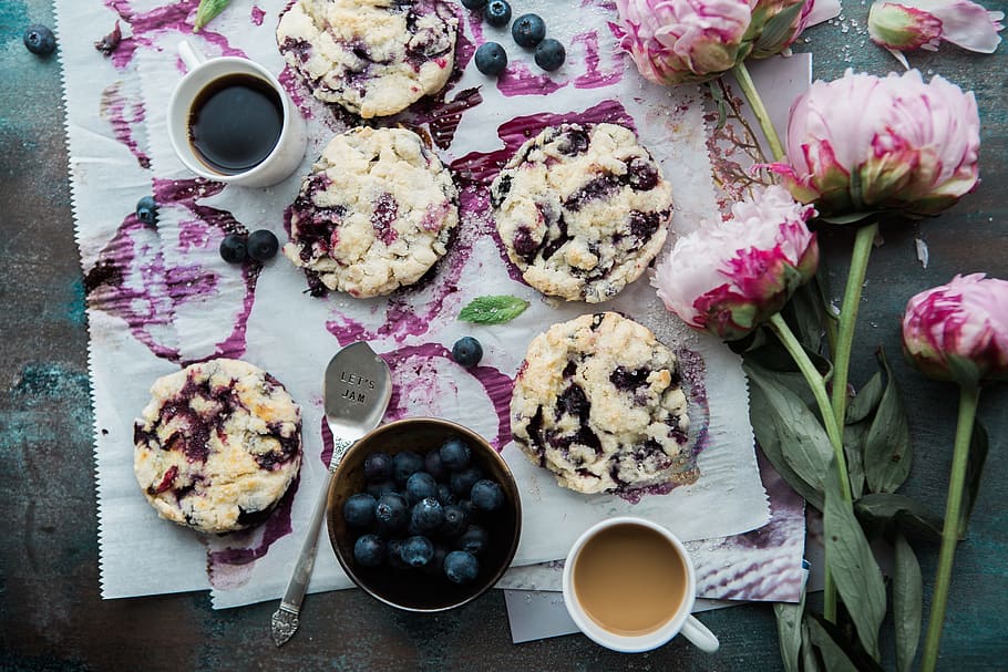 food, blueberry, cookie, chips, coffee, espresso, flower, plant, pastry, sweets