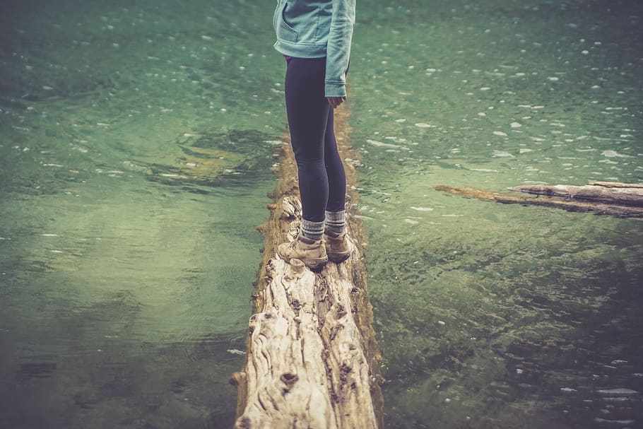 people, girl, water, lake, river, stream, nature, wood, shoes, adventure