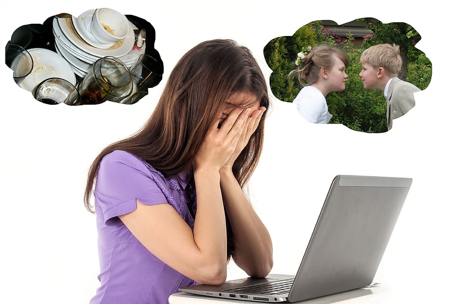 stressed woman, woman, stress, family, work, stressed, children, burnout, caucasian, computer