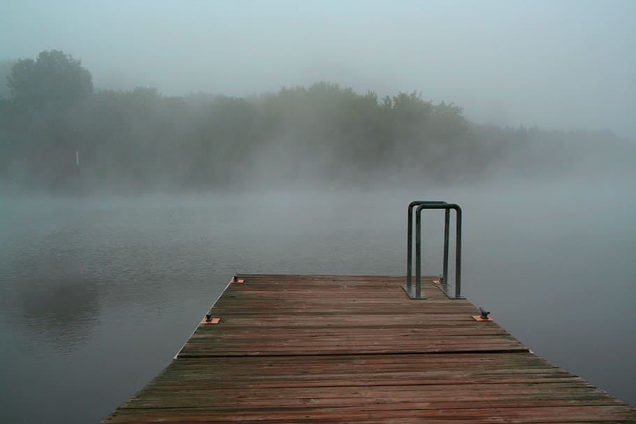 brumoso, lago, norte, carolina, muelle, niebla, agua, árboles, montañas, mañana
