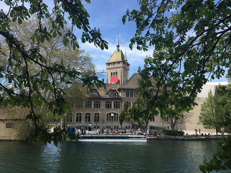 museum, river, zurich, architecture, building exterior, tree, built structure, plant, water, mode of transportation