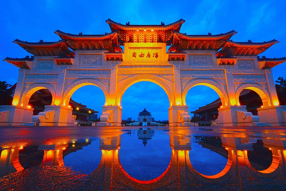 taiwan reflections, architecture, building, sunset, illuminated, built structure, travel destinations, arch, reflection, dusk