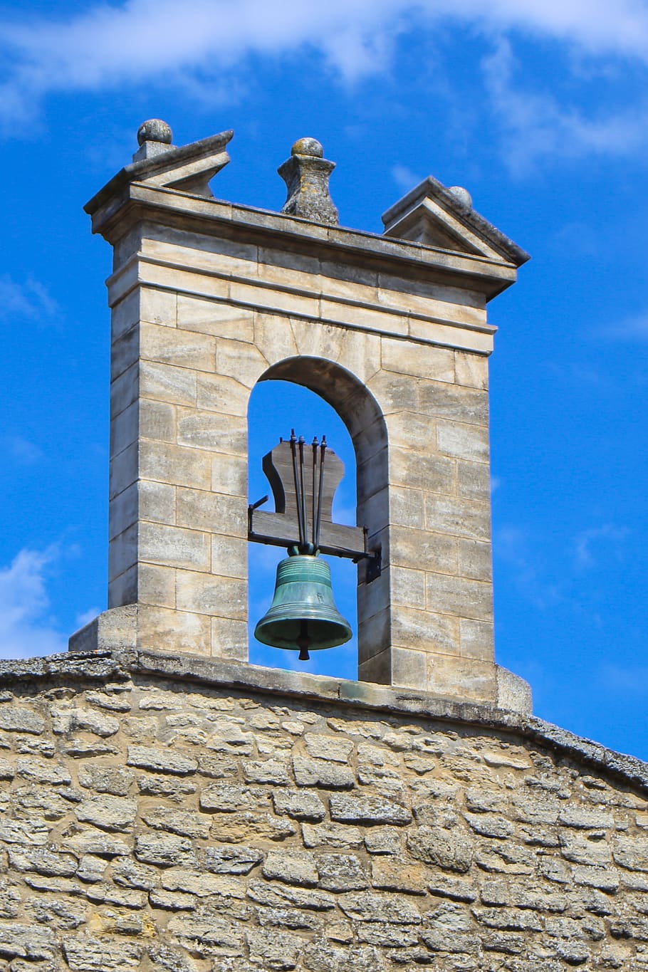 bell, church bell, bell tower, bronze bell, architecture, built structure, building exterior, low angle view, history, sky