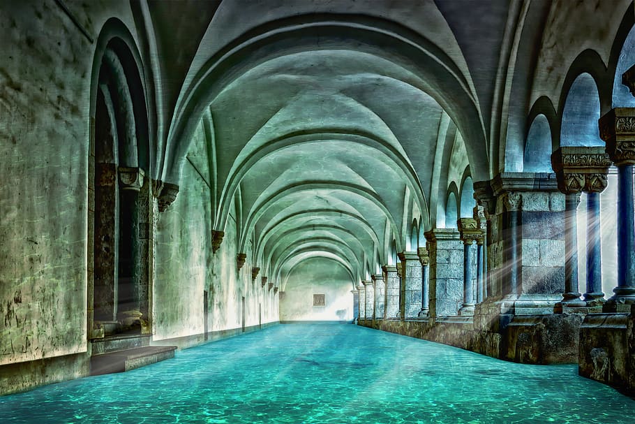 spa, architecture, fantasy, water, blue, reflection, arch, built structure, building, the past