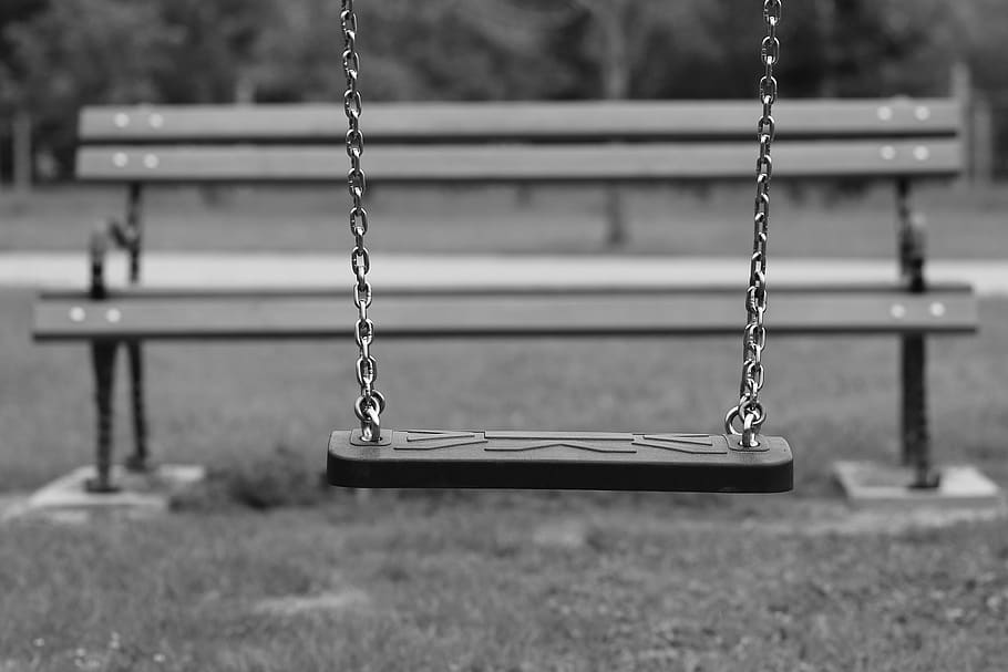 empty swing, bench, depopulation, migration, empty playground, park, childhood, play, outdoor, swing