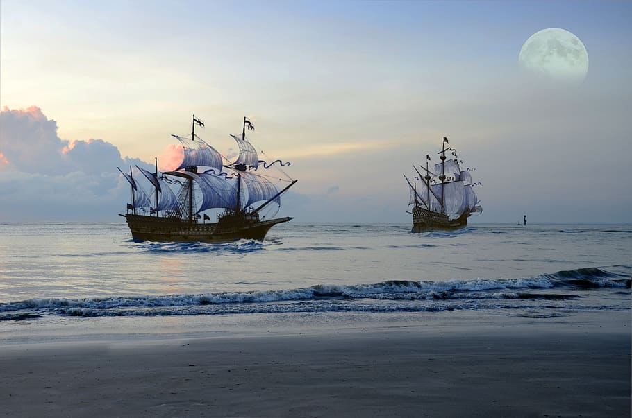 pirate ship, sea, moon, fantasy, ocean, sail, boat, nautical, wooden, sailboat