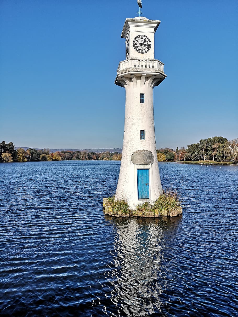 cardiff, roath park lake, lighthouse, scott memorial, water, sky, clear sky, tower, guidance, nature