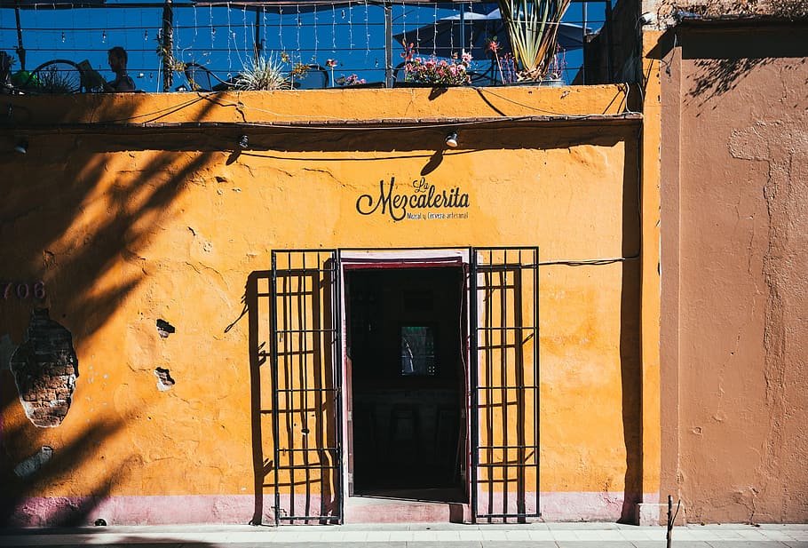 entrance, tropical, bar, yellow, exterior, wrought, iron gate, architecture, beer, front
