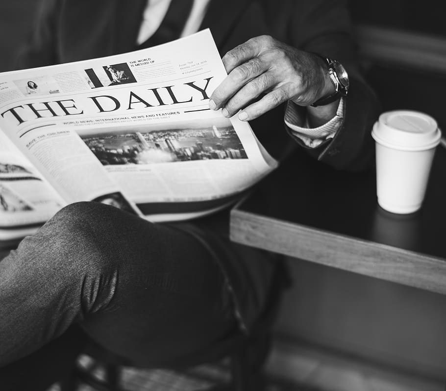 newspaper, business, businessman, cafe, coffee shop, cup, man, morning, news, outdoors