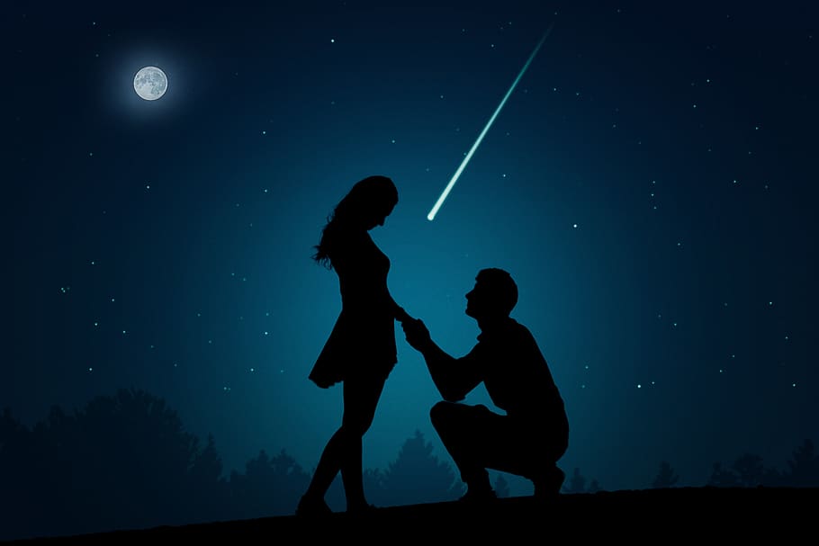manipulation, silhouette, romantic, love, couple, moon, stars, two people, night, togetherness