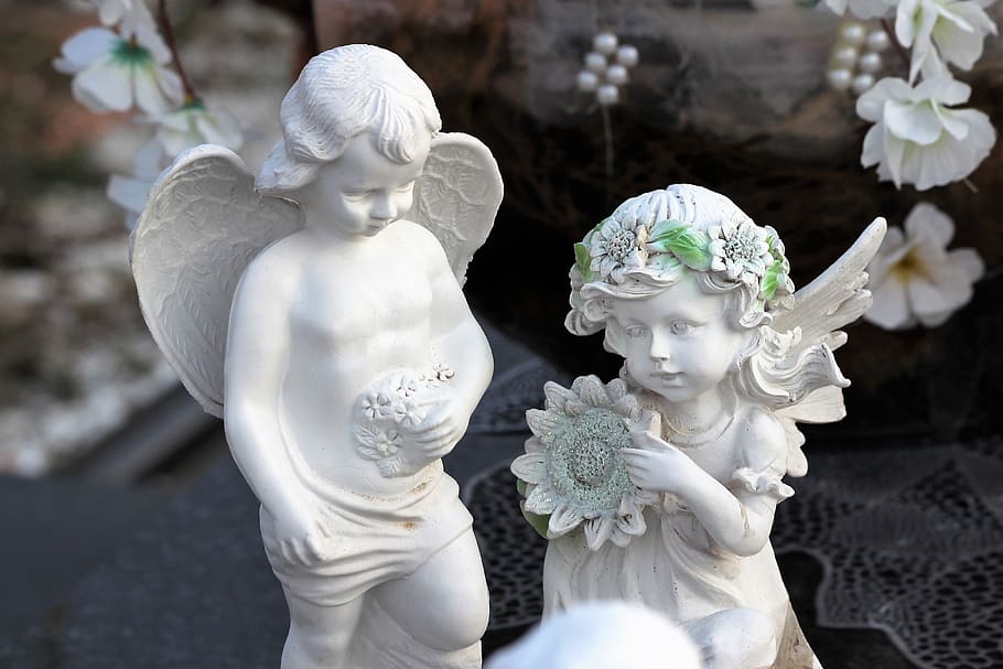 angels, boy, girl, wings, spiritual, statue, cemetery, nature, outdoor, sculpture