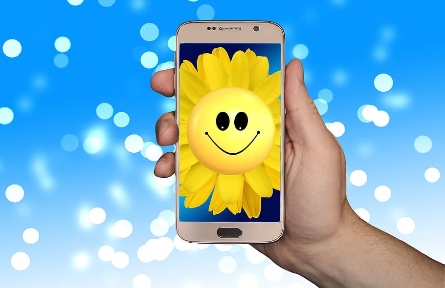 smartphone, sunflower, smilie, smile, joy, look forward, blossom, bloom, plant, bokeh