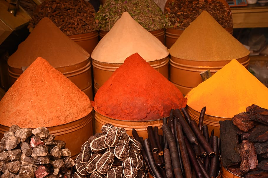 spice cone, morocco, food and drink, food, retail, market, for sale, large group of objects, variation, spice