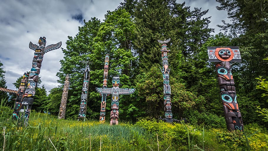 vancouver, canada, stanley park, religion, totem pole, green, nature, first nations, plant, tree
