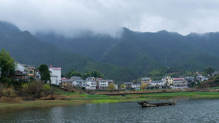 mountain, lake, ship, village, mist, it's raining, building exterior, architecture, built structure, water