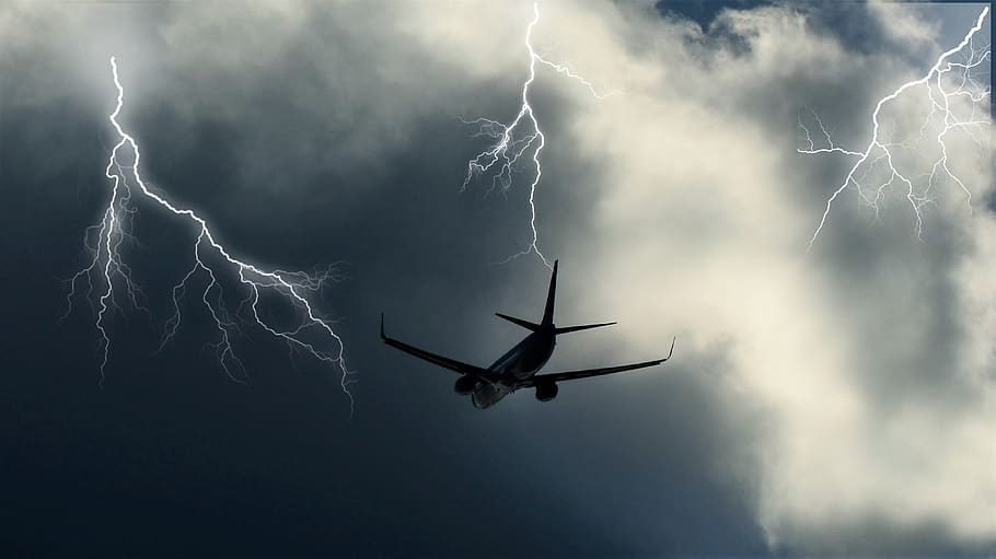 aircraft, clouds, sky, storm, lightning, discharge, electricity, energy, weather, atmosphere
