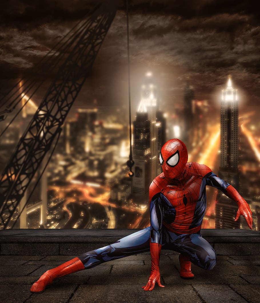 Spiderman, superhéroe, cómic, ciudad, horizonte, rascacielos, gran ciudad, moderno, luces, crepúsculo