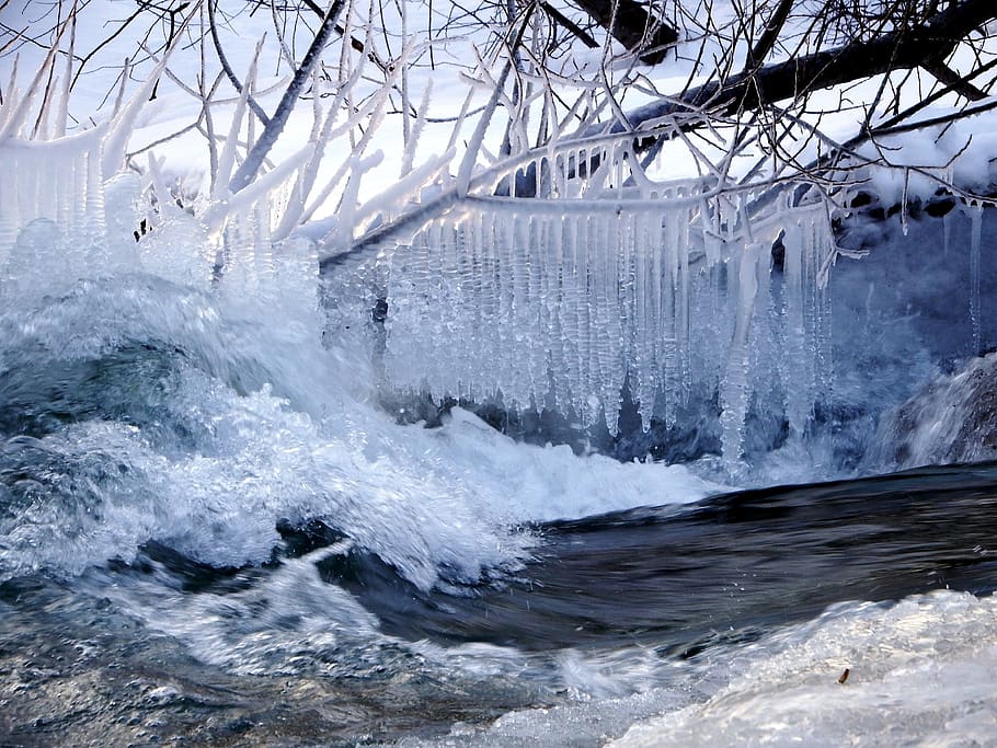 icicles, snow, winter, spring, drops, frost, coldly, ice, small river, frozen water