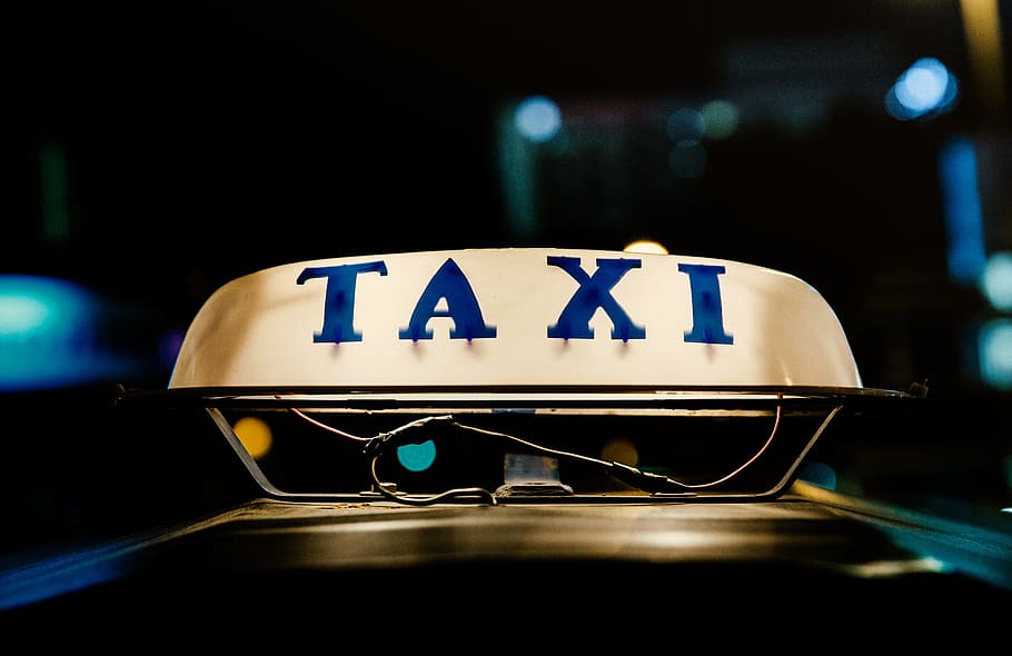 taksi, tanda, neon, mobil, kendaraan, cahaya, malam, bokeh, transportasi, moda transportasi