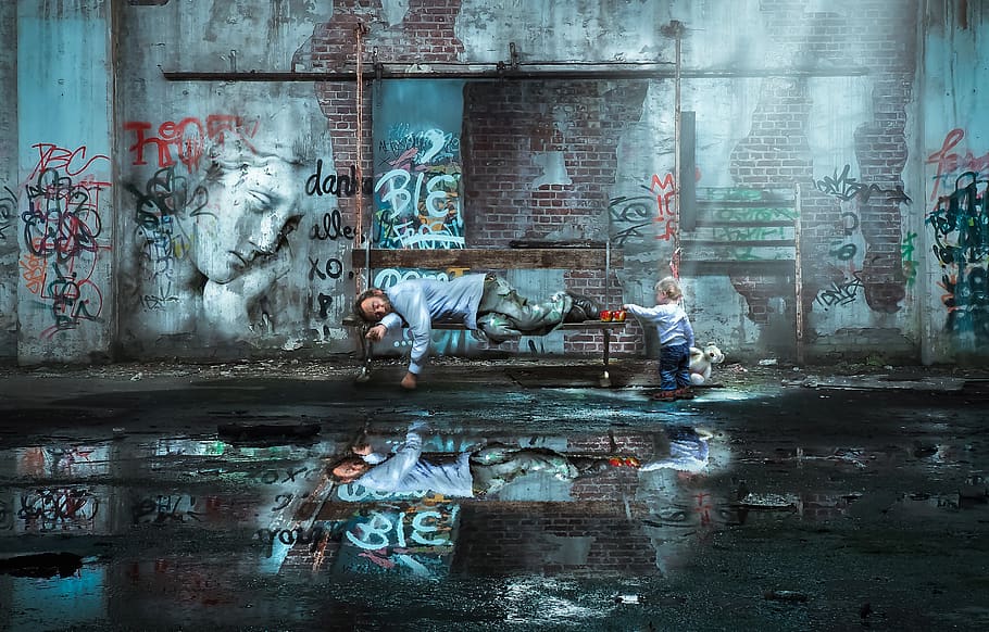 walls, urban, reflection, dirty, abandoned building, homeless man, poverty, derelict, graffiti, dark