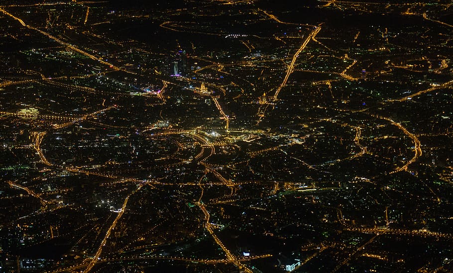 moscow, night, map, plane, view, air, aerial, airplane, city, window