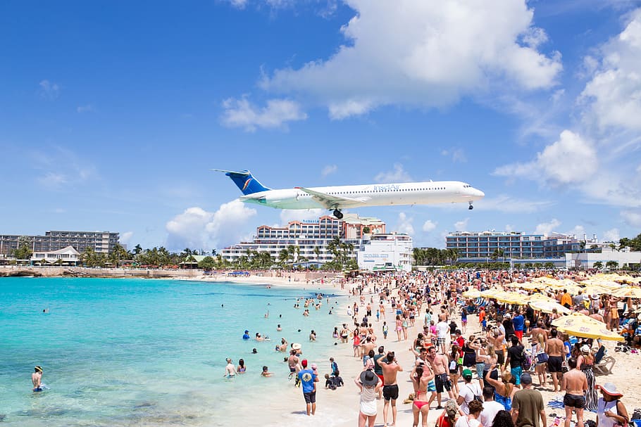 Várias, avião, aviões, praia, hD Wallpaper, turismo, céu, agua, multidão, grupo de pessoas