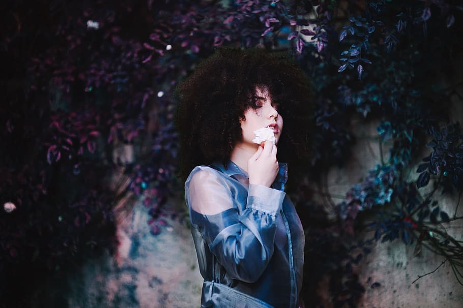 nature, plants, leaves, flowers, people, girl, woman, lady, curly, hair