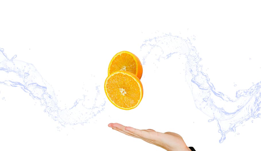 fruit, orange, citrus, vitamins, hand, the hand, gesture, water, splash, food