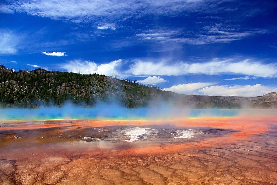 vapors over grand prismatic spring, thermal, spring, grand, prismatic, yellowstone, national, park, geothermal, pool