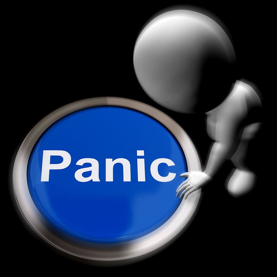 pánico, presionado, mostrando, angustia de alarma, crisis, alarma, ansiedad, botón, confusión, angustia