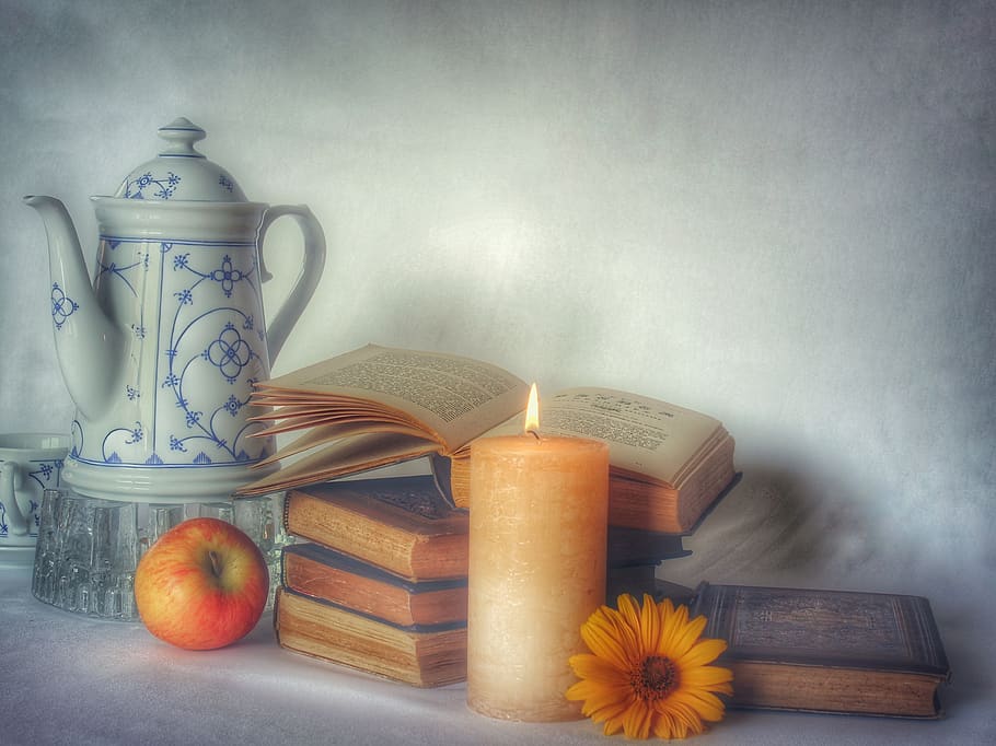 still life, book, read, northern germany, indian blue, east frisia, coffee, tee, candle, apple
